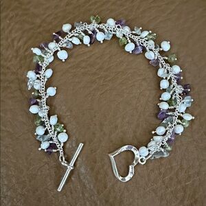 925 Sterling Silver White Pearl Purple Amethyst Green Peridot Blue Gem Bracelet
